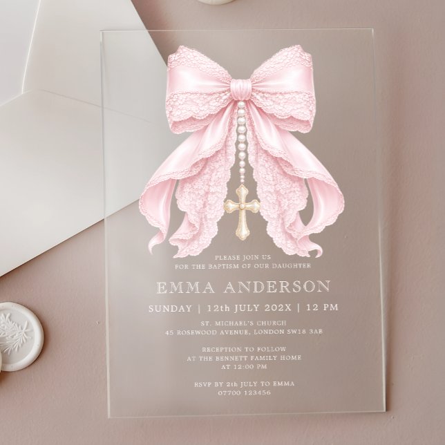 Invitations En Acrylique Baptême Fille Rose Ruban (Créateur téléchargé)