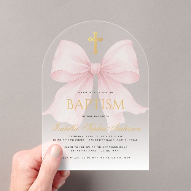 Invitations En Acrylique Baptême Fille Ruban Rose Croix Or Faux Script Ombr (In situ (ordinateur de poche))