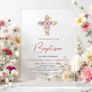 Invitations En Acrylique Baptême Fleur Sauvage Rose Poussiéreuse Verte
