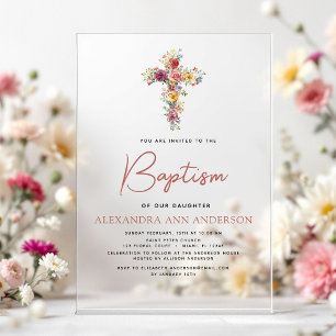 Invitations En Acrylique Baptême Fleur Sauvage Rose Poussiéreuse Verte