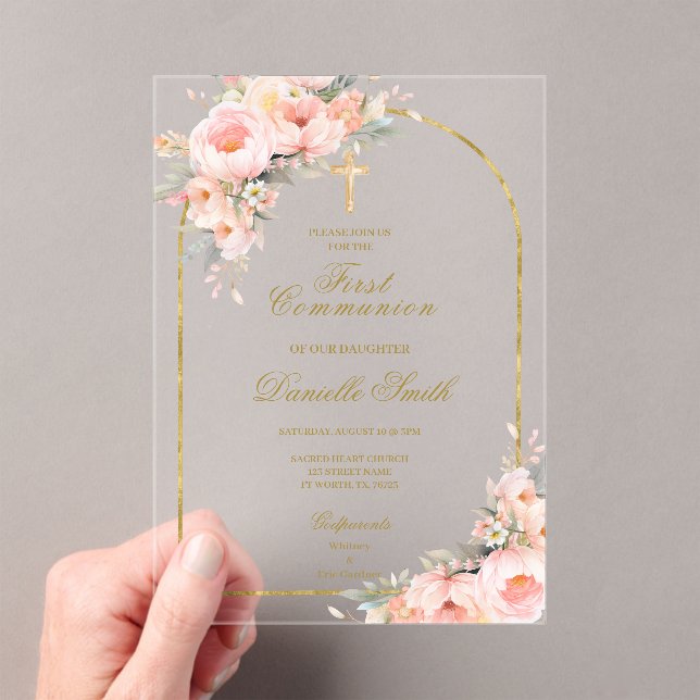 Invitations En Acrylique Baptême floral à fleurs de pêcher (In situ (ordinateur de poche))