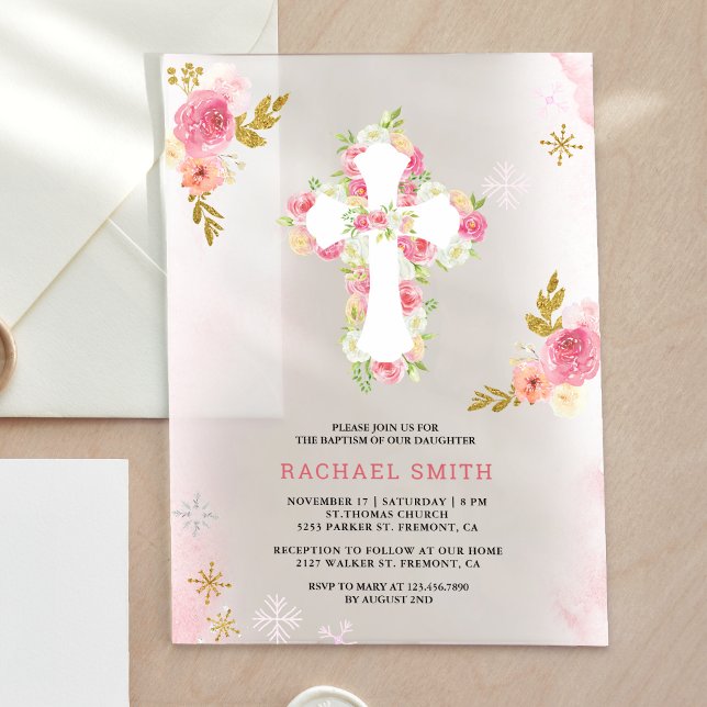 Invitations En Acrylique Baptême floral aquarelle rose doré (Créateur téléchargé)