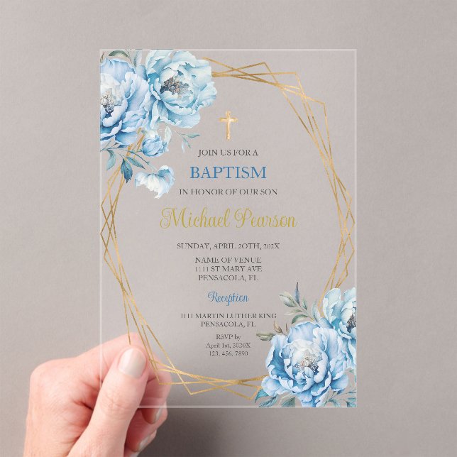 Invitations En Acrylique Baptême floral bleu (In situ (ordinateur de poche))