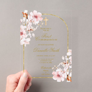 Invitations En Acrylique Baptême floral de fleurs de cerisier