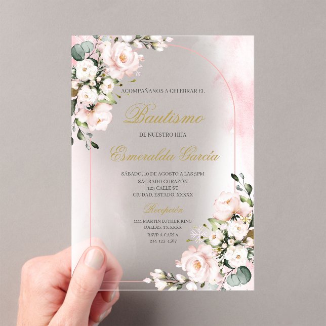 Invitations En Acrylique Baptême floral rose acrylique (In situ (ordinateur de poche))