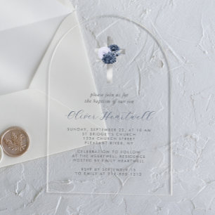 Invitations En Acrylique Baptême Garçon Croix Argent Navy Floral Bleu Pouss