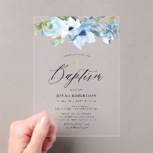 Invitations En Acrylique Baptême garçon fleuri bleu