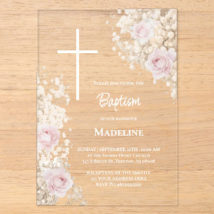 Invitations En Acrylique Baptême Gypsophile et roses roses