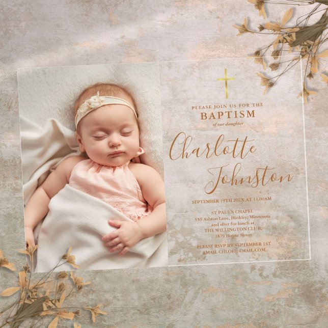 Invitations En Acrylique Baptême moderne Christening Golden Script Photo (Modern Baptism Christening Golden Script Photo Acrylic Invitations)