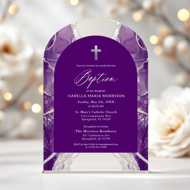 Invitations En Acrylique Baptême Moderne Élégant Agate Argent Violet (Créateur téléchargé)