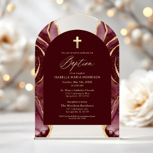 Invitations En Acrylique Baptême Moderne Élégant Agate Bourgogne Or