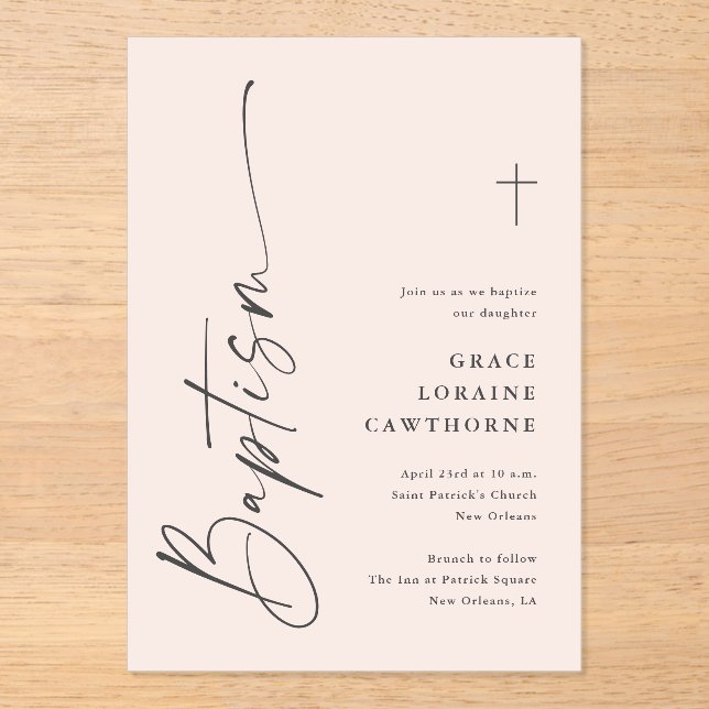 Invitations En Acrylique Baptême Moderne Élégant Script (Recto)