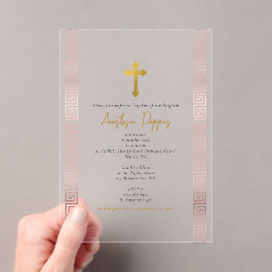 Invitations En Acrylique Baptême orthodoxe clé grecque rose Fille Baptême 