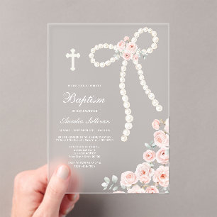 Invitations En Acrylique Baptême Perles et Roses
