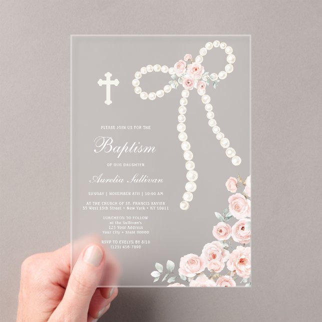Invitations En Acrylique Baptême Perles et Roses (In situ (ordinateur de poche))