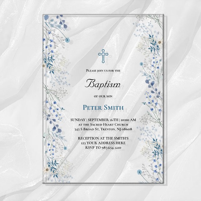 Invitations En Acrylique Baptême petites fleurs aquarelle bleues (Créateur téléchargé)