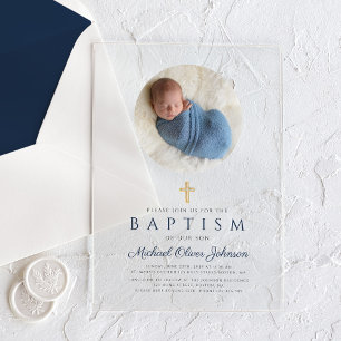 Invitations En Acrylique Baptême photo garçon écriture élégante bleu marine