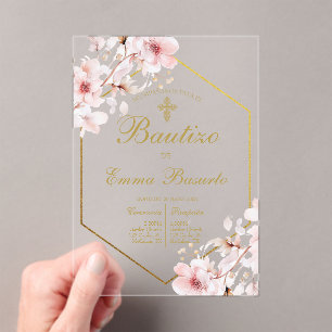Invitations En Acrylique Baptême rose rousse fille