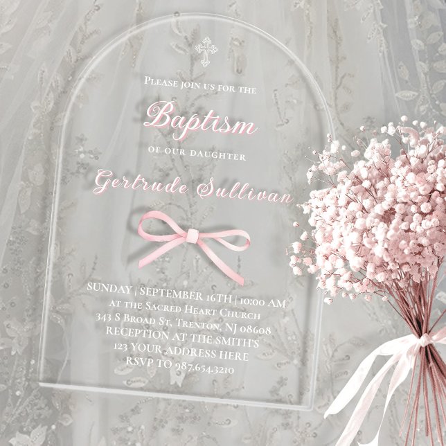 Invitations En Acrylique Baptême ruban rose (Créateur téléchargé)