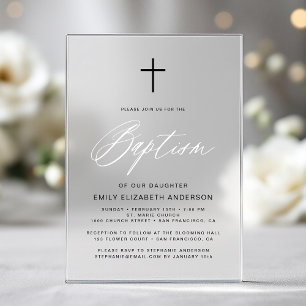 Invitations En Acrylique Baptême Simple Script Minimaliste Noir Blanc