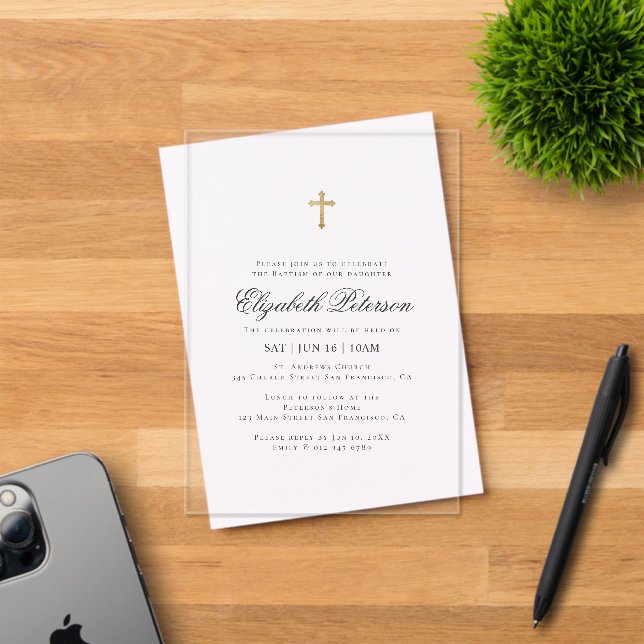 Invitations En Acrylique Baptism For Her | Minimalist Gold Cross (Insitu (Carte d'invitation))
