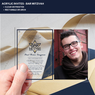 Invitations En Acrylique BAR ACRYLIQUE MITZVAH Photo Blue Gold Star David