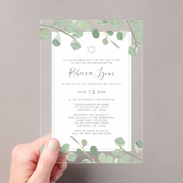 Invitations En Acrylique Bar Mitzvah aquarelle eucalyptus (In situ (ordinateur de poche))
