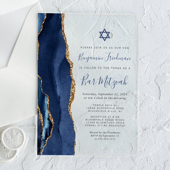 Invitations En Acrylique Bar Mitzvah bleu marine agate doré (Créateur téléchargé)