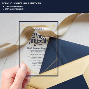 Invitations En Acrylique BAR MITZVAH Bleu Or Élégant Clair Minimaliste