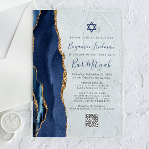 Invitations En Acrylique Bar Mitzvah Code QR Agate Or Navy