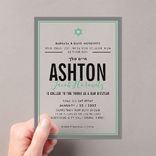 Invitations En Acrylique BAR MITZVAH moderne garçon étoile sportif vert gri