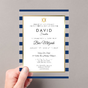 Invitations En Acrylique Bar Mitzvah Moderne Rayure Bleu Nuit Or