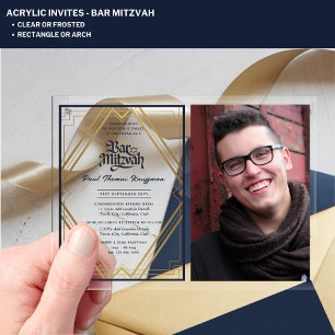 Invitations En Acrylique BAR MITZVAH Photo Navy Or Acrylique élégant