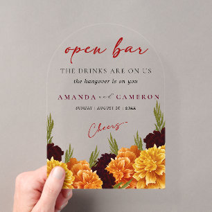 Invitations En Acrylique Bar Ouvert Élégant Rouge Bourgogne "MARIGOLD" Mari