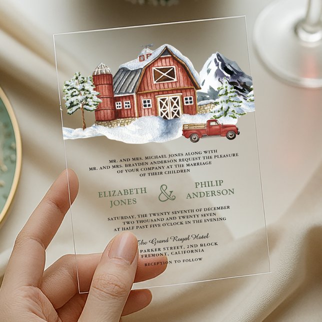 Invitations En Acrylique Barn Rouge enneigé Noël Mariage Hiver (Créateur téléchargé)