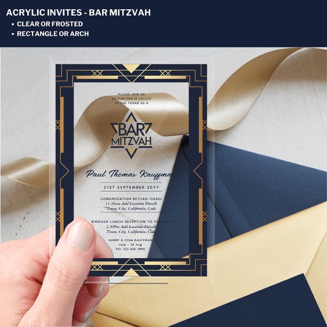 Invitations En Acrylique BARRE ACrylique MITZVAH Marine Or moderne clair él (Créateur téléchargé)