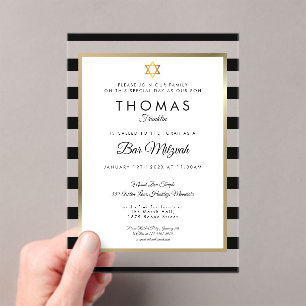 Invitations En Acrylique Barre Bat Mitsva Moderne Classique Noir Rayure Or