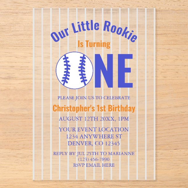 Invitations En Acrylique Baseball Recrue 1er Anniversaire (Recto)