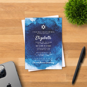 Invitations En Acrylique Bat Mitzvah Moderne Aquarelle Bleue