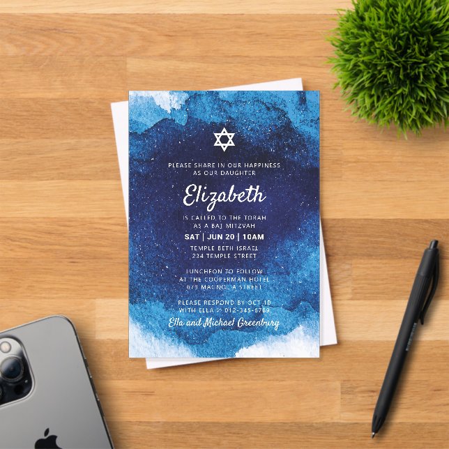 Invitations En Acrylique Bat Mitzvah Moderne Aquarelle Bleue (Insitu (Carte d'invitation))