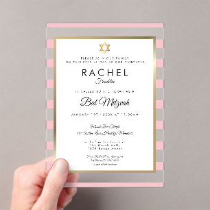 Invitations En Acrylique Bath Mitzvah Rayure Rose Étoile de David en Or