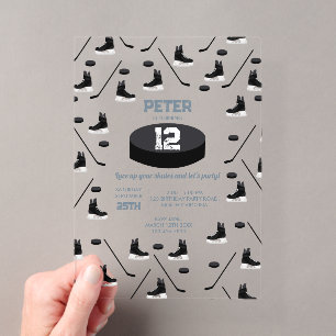 Invitations En Acrylique Bâton de hockey sur glace bleu poussiéreux, patins
