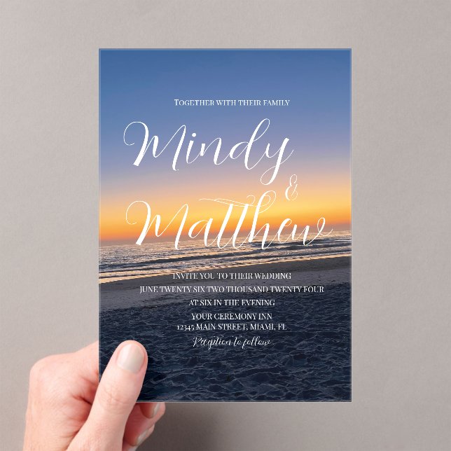 Invitations En Acrylique Beach Sunset Down Destination Blue Wedding (In situ (ordinateur de poche))