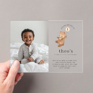 Invitations En Acrylique Bear Cream Balloon Photo 1er Anniversaire Invitati