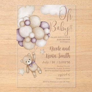 Invitations En Acrylique bear with balloons baby shower