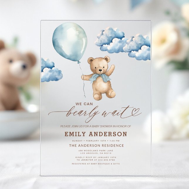 Invitations En Acrylique Bearly Wait Neutre Beige & Baby shower Garçon Bleu (Créateur téléchargé)