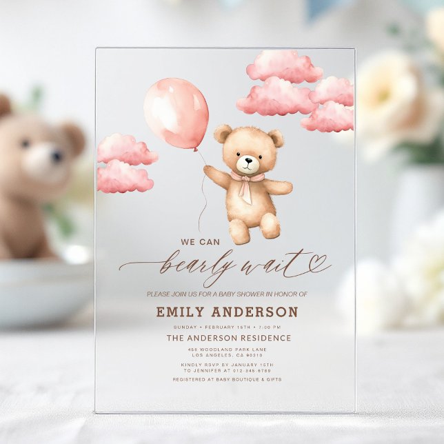 Invitations En Acrylique Bearly Wait Neutre Beige & Baby shower Rose fille (Créateur téléchargé)