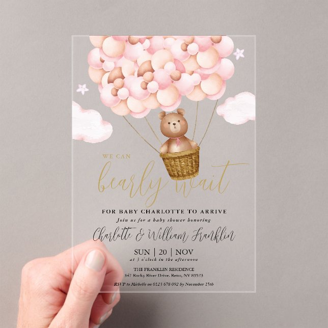 Invitations En Acrylique Bearly Wait Teddy Ours Rose Girl Baby shower (In situ (ordinateur de poche))
