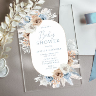 Invitations En Acrylique Beau Baby shower Floral Boho Blue