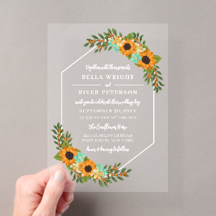 Invitations En Acrylique Beau cadre hexagonal de tournesols pour mariage fl